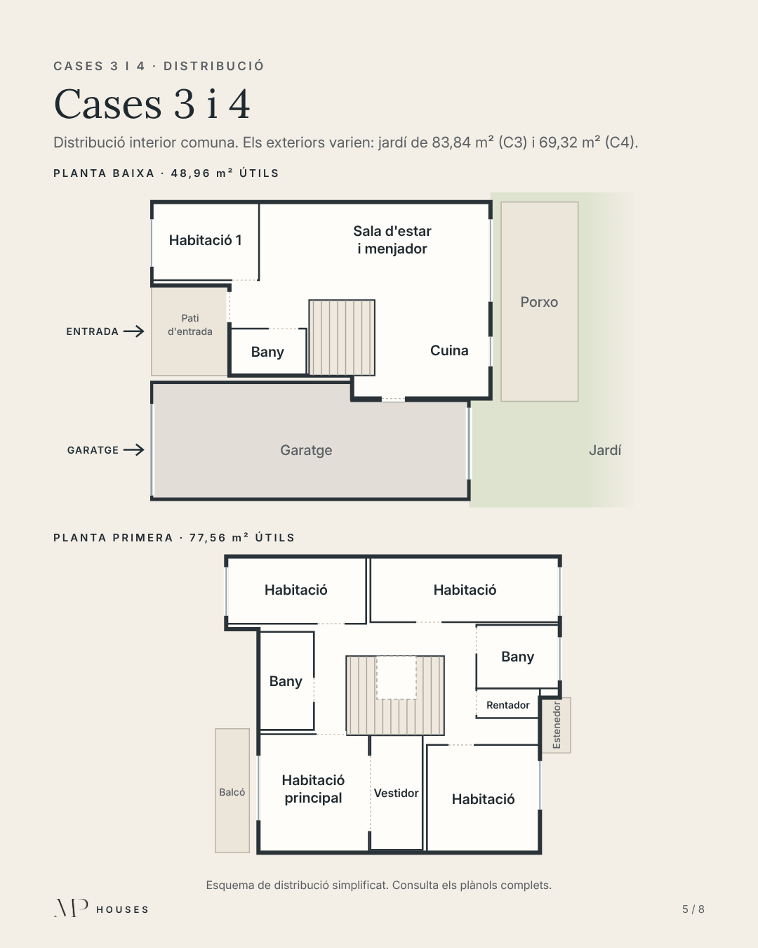 Esquema de distribución de las casas 3 y 4 de Ònix Residencial: planta baja y planta primera
